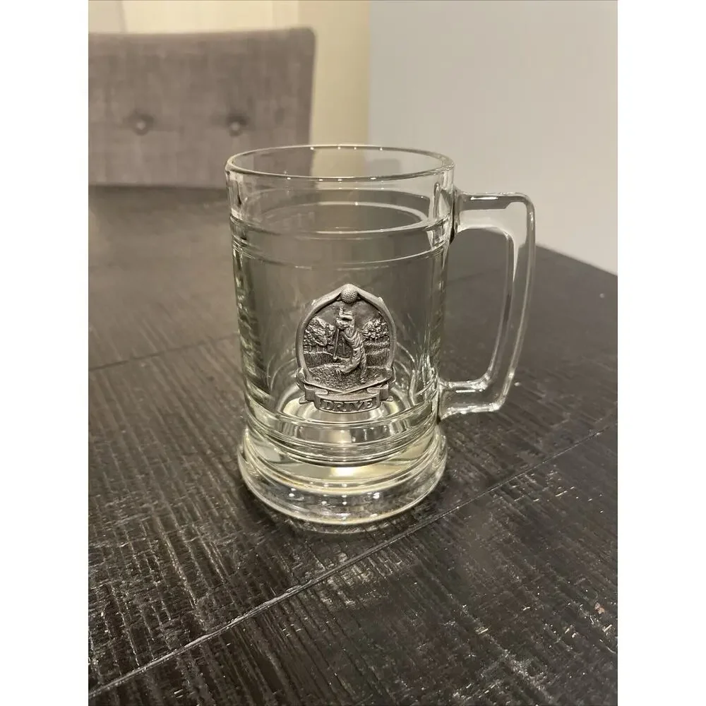 Drive!!Clear Glass Beer Stein Mug Raised Attached Golf Swing Pewter Medallion